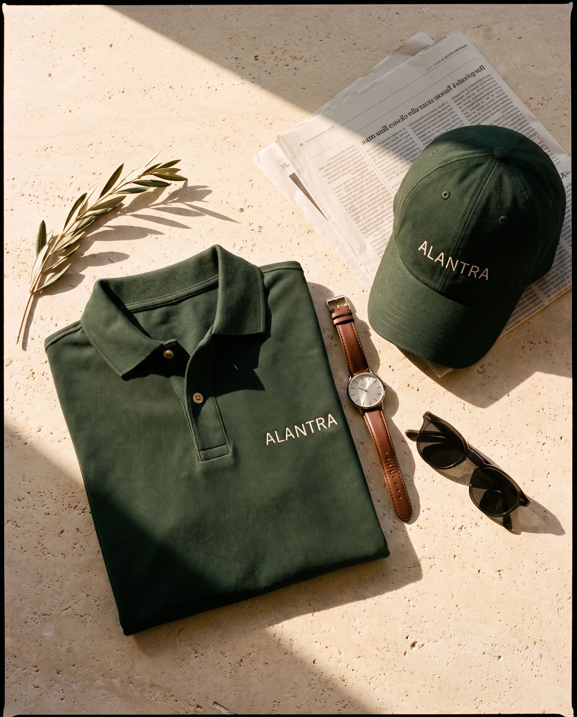 Alantra 2026 return commission: green polo and cap gift set, editorial flatlay