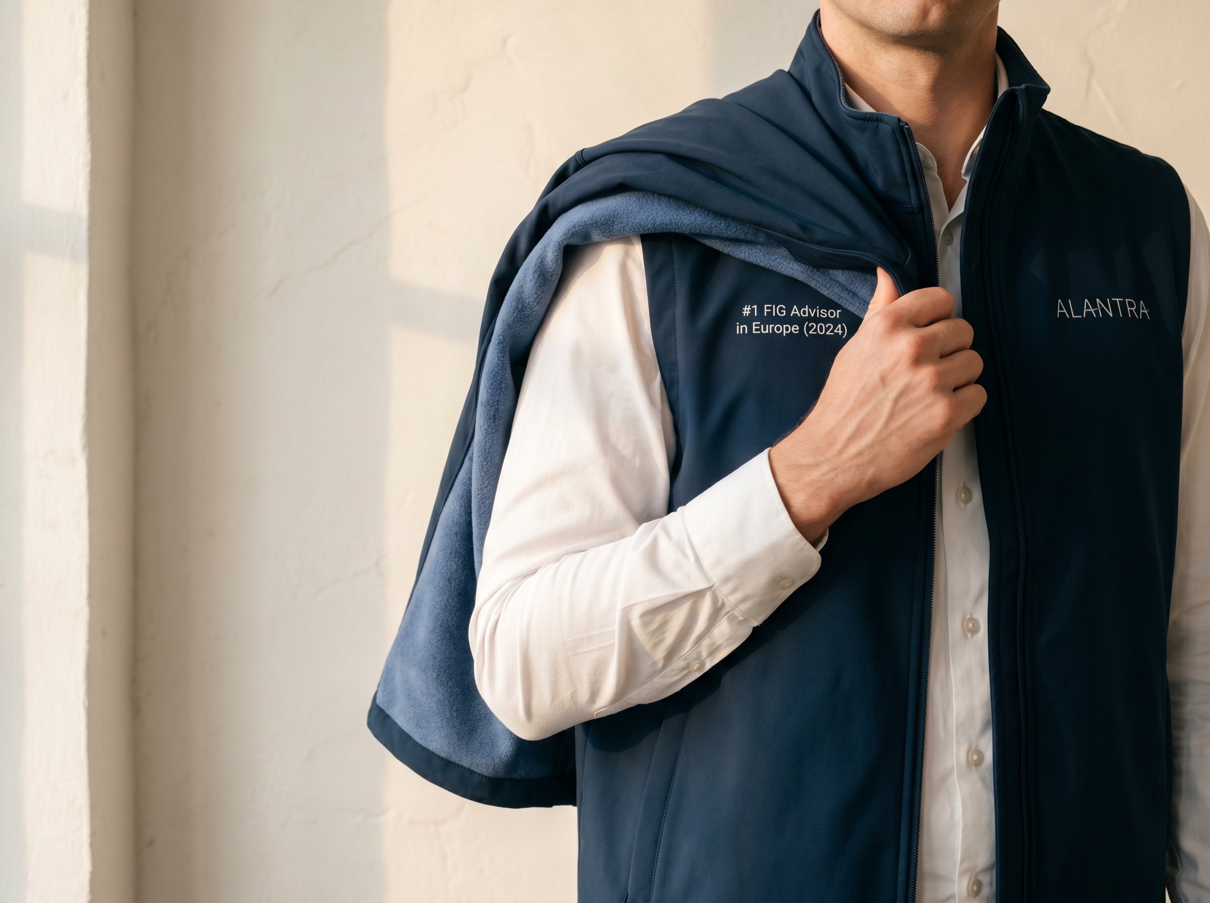 Alantra vest worn off shoulder, showing two-fabric construction