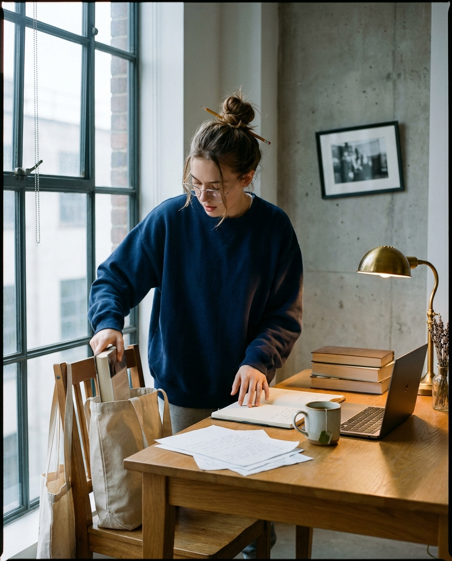 Designer at work — atelier moment, laptop, papers, tote, concrete wall, brass lamp
