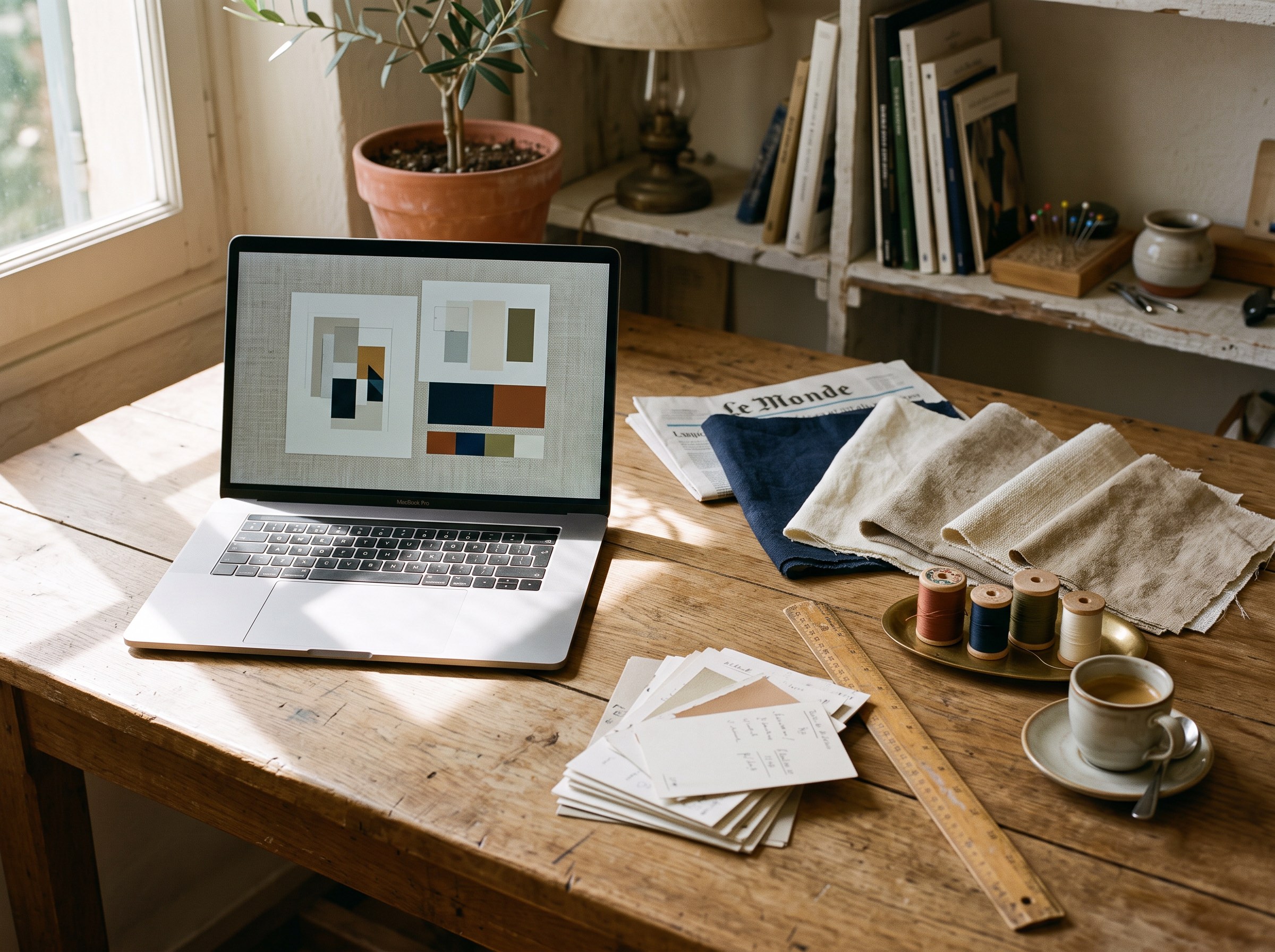 TierOne studio desk — laptop with design work, fabric samples, thread spools, espresso