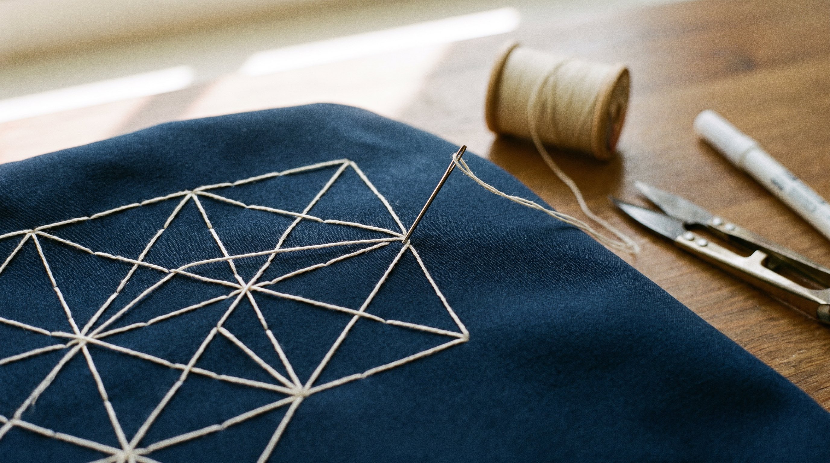 Embroidery in progress, cream thread on navy