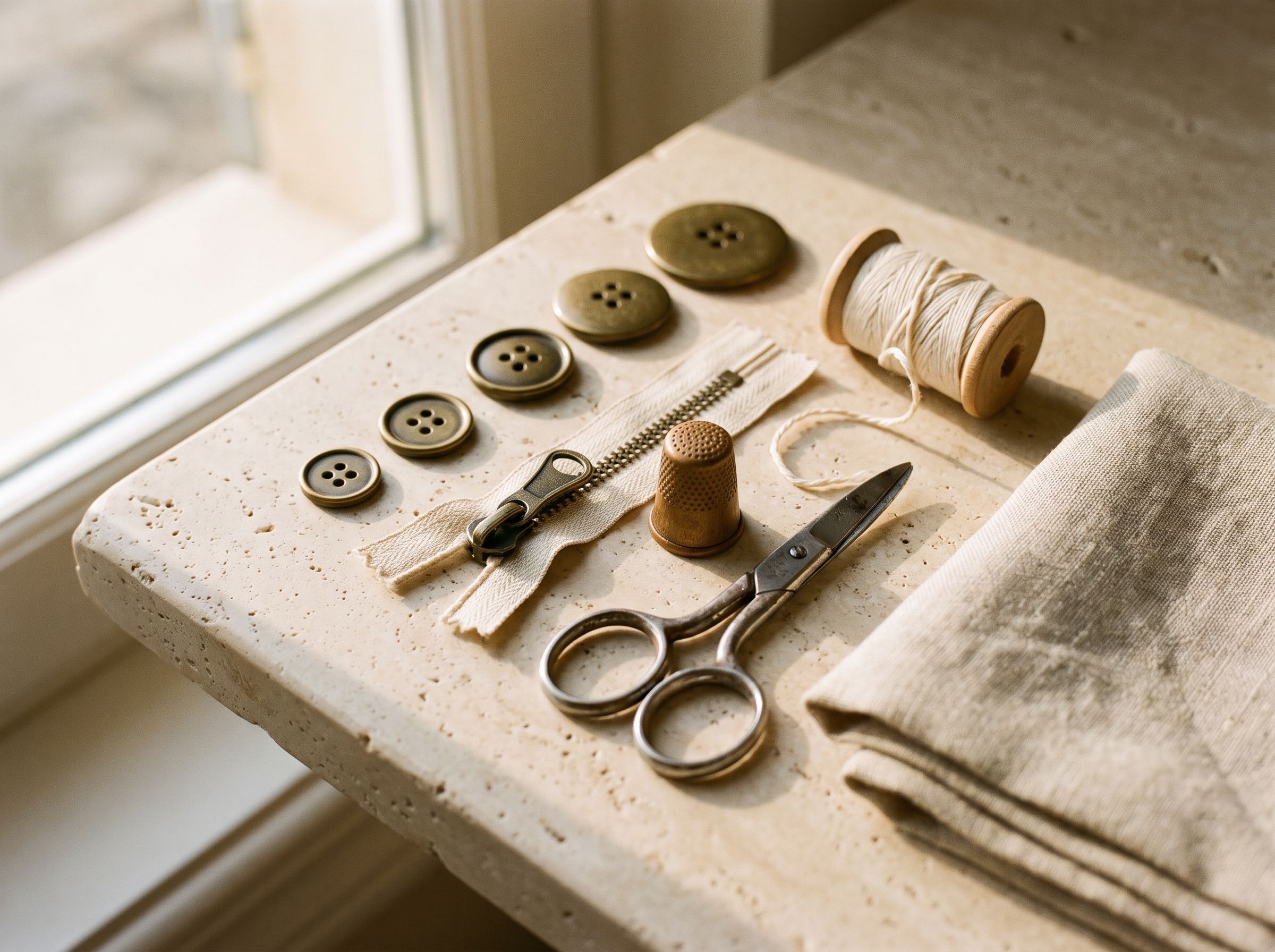 Brass buttons, zipper, thimble and thread on travertine