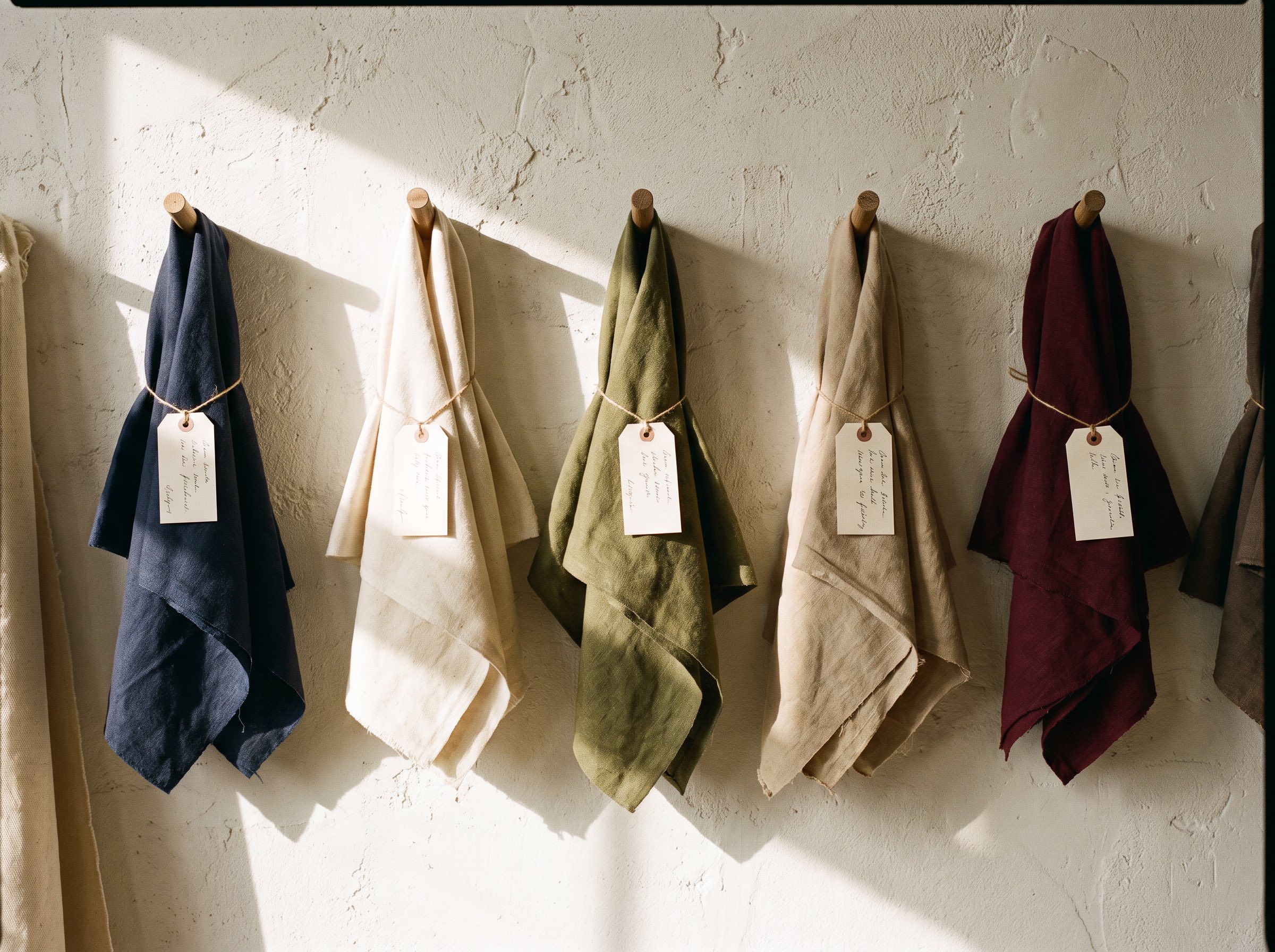 TierOne studio materials — fabric swatches on plaster wall, Mediterranean light
