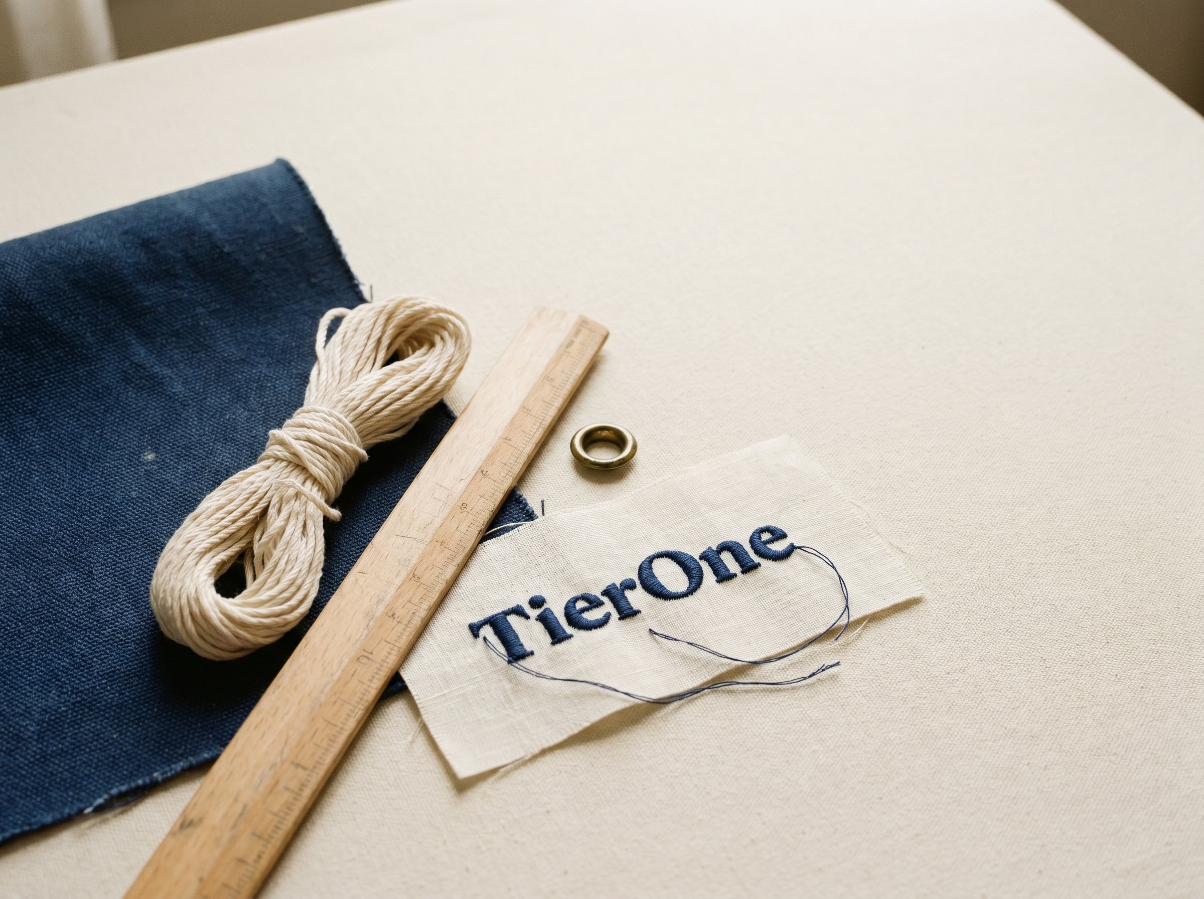 Studio materials — canvas, thread, embroidery sample